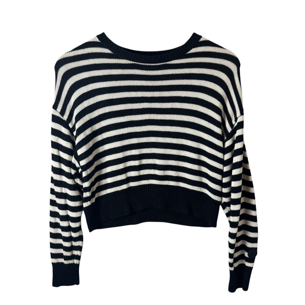 Victorias Secret Women's Striped Sweater Cropped Crewneck Black Viscose Preppy